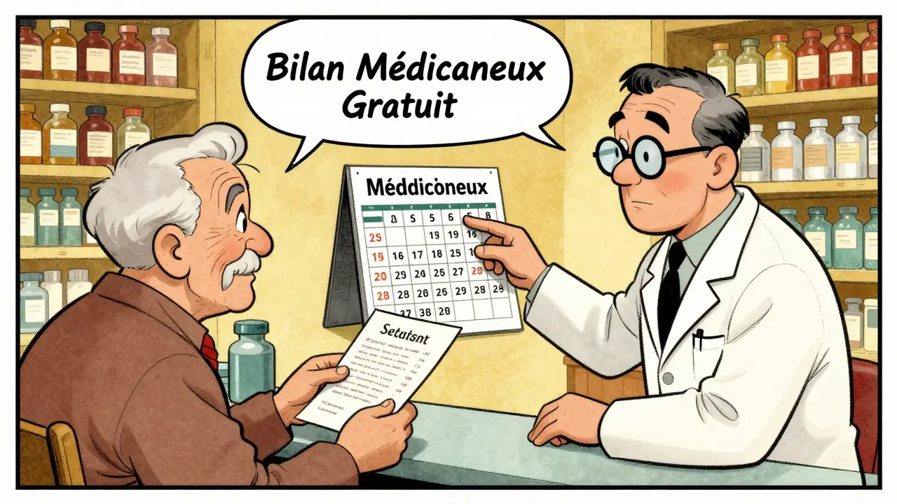 Un pharmacien français synchronise les renouvellements de médicaments pour un senior dans une pharmacie traditionnelle.