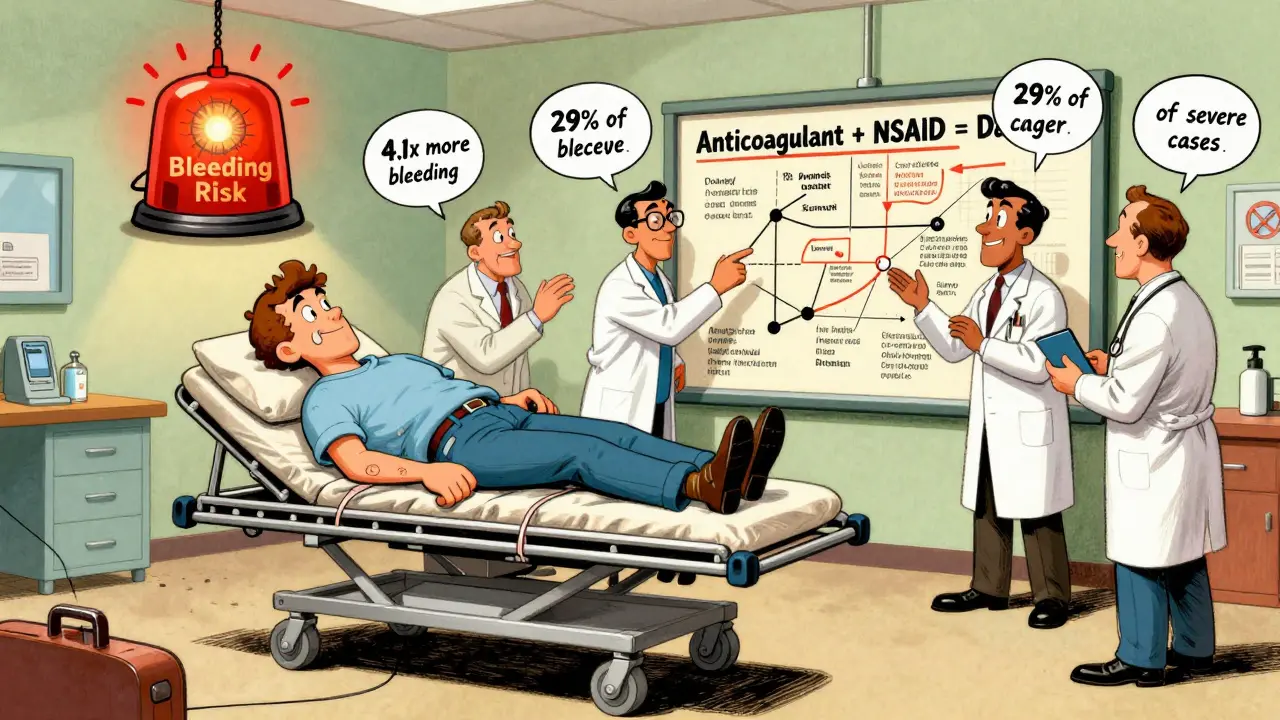 Urgence médicale avec des médecins débattant d'un tableau de risques de saignement en cartoon vintage.