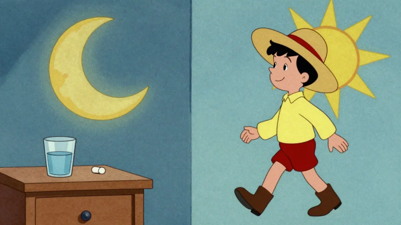 Comparaison entre la prise de médicament le soir et une protection solaire efficace, style dessin animé ancien.