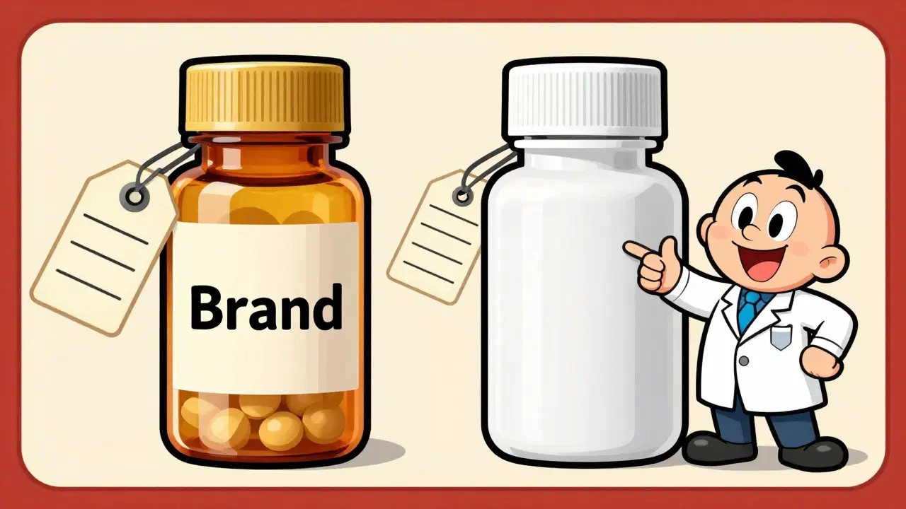 Comparaison humoristique entre un médicament de marque coûteux et un générique abordable.