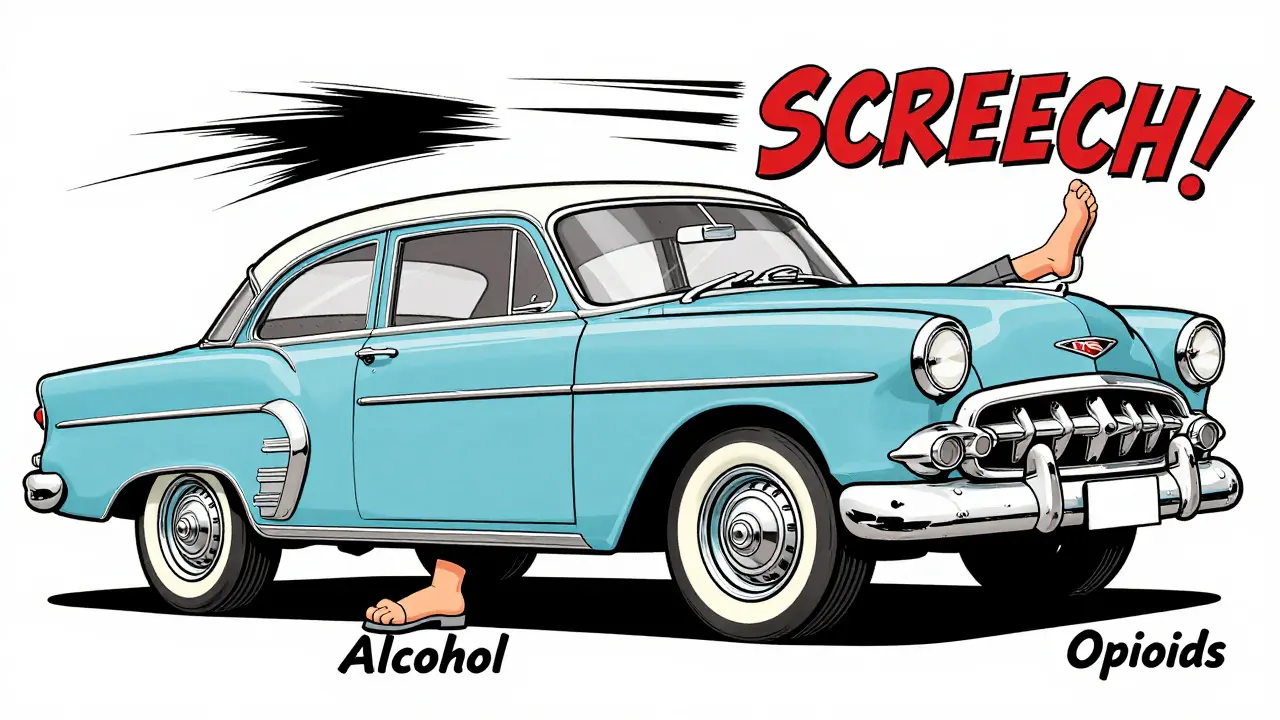 Dessin style cartoon vintage montrant un frein et un frein à main symbolisant l'alcool et les opioïdes.