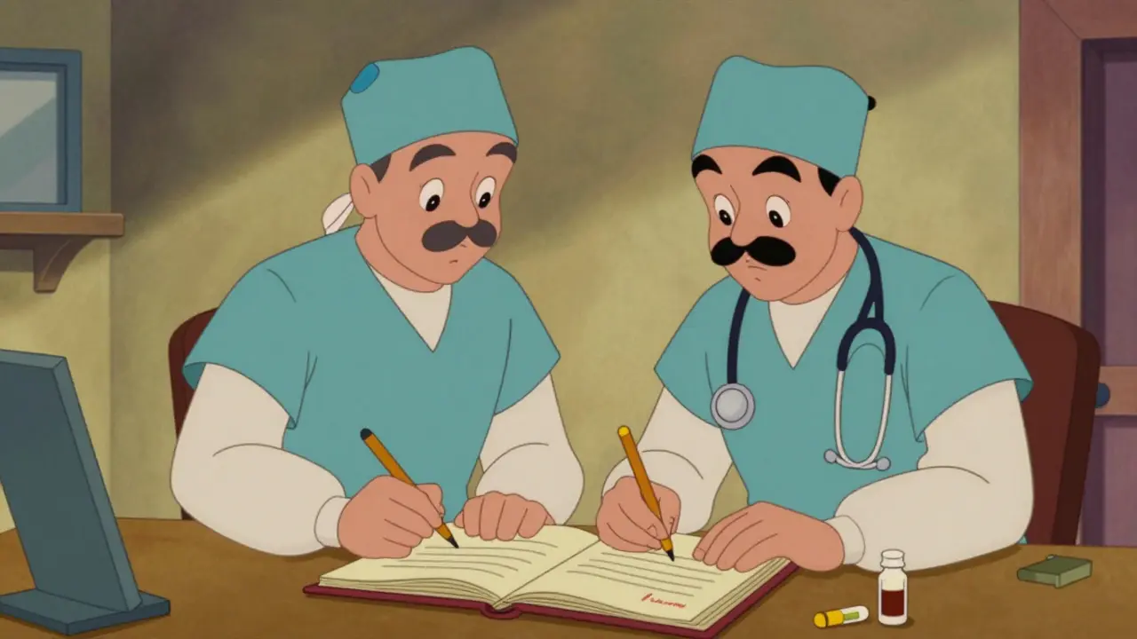 Deux professionnels de santé signant un registre de gaspillage dans un style de dessin animé rétro.