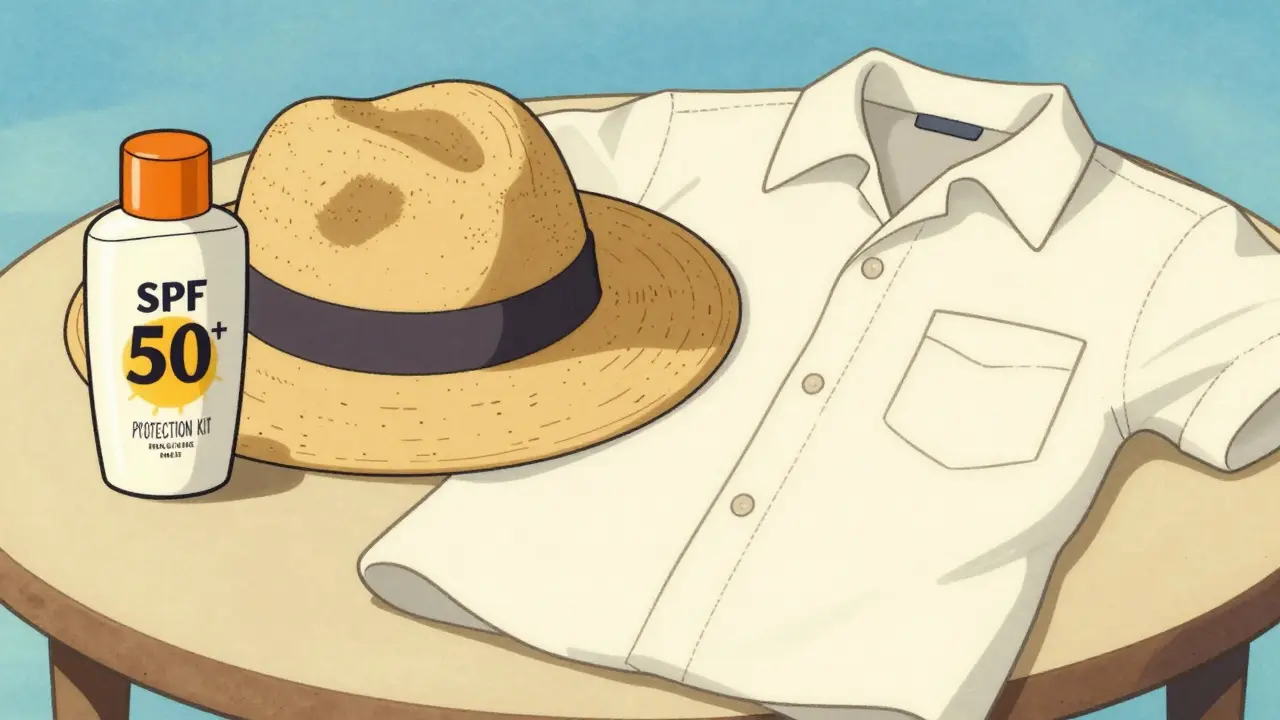 Ensemble de protection comprenant un chapeau à larges bords et de la crème solaire, style illustration rétro.