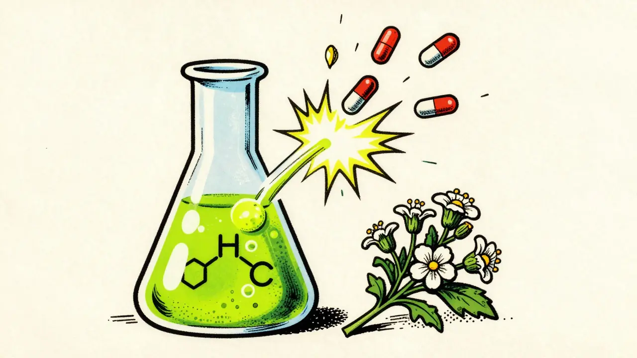 Illustration vintage d'une interaction médicamenteuse dangereuse avec du millepertuis.