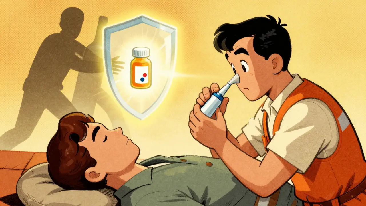 Illustration vintage d'une personne utilisant la naloxone pour sauver quelqu'un d'une overdose.