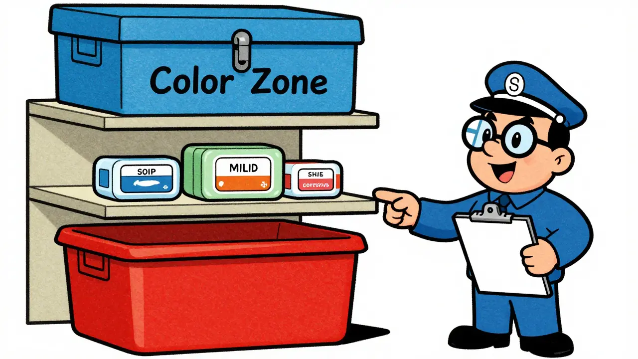 Illustration vintage de l'organisation par zones avec bacs rouges pour le danger et bleus pour les soins.