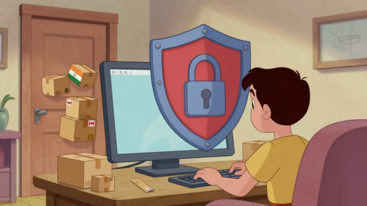 Personne achetant des médicaments en ligne en toute sécurité avec un bouclier de protection.