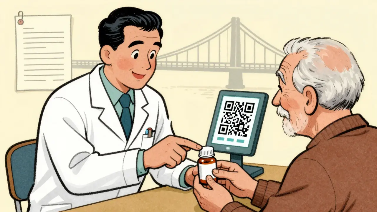 Pharmacien aidant une personne âgée à scanner un QR code sur un flacon.