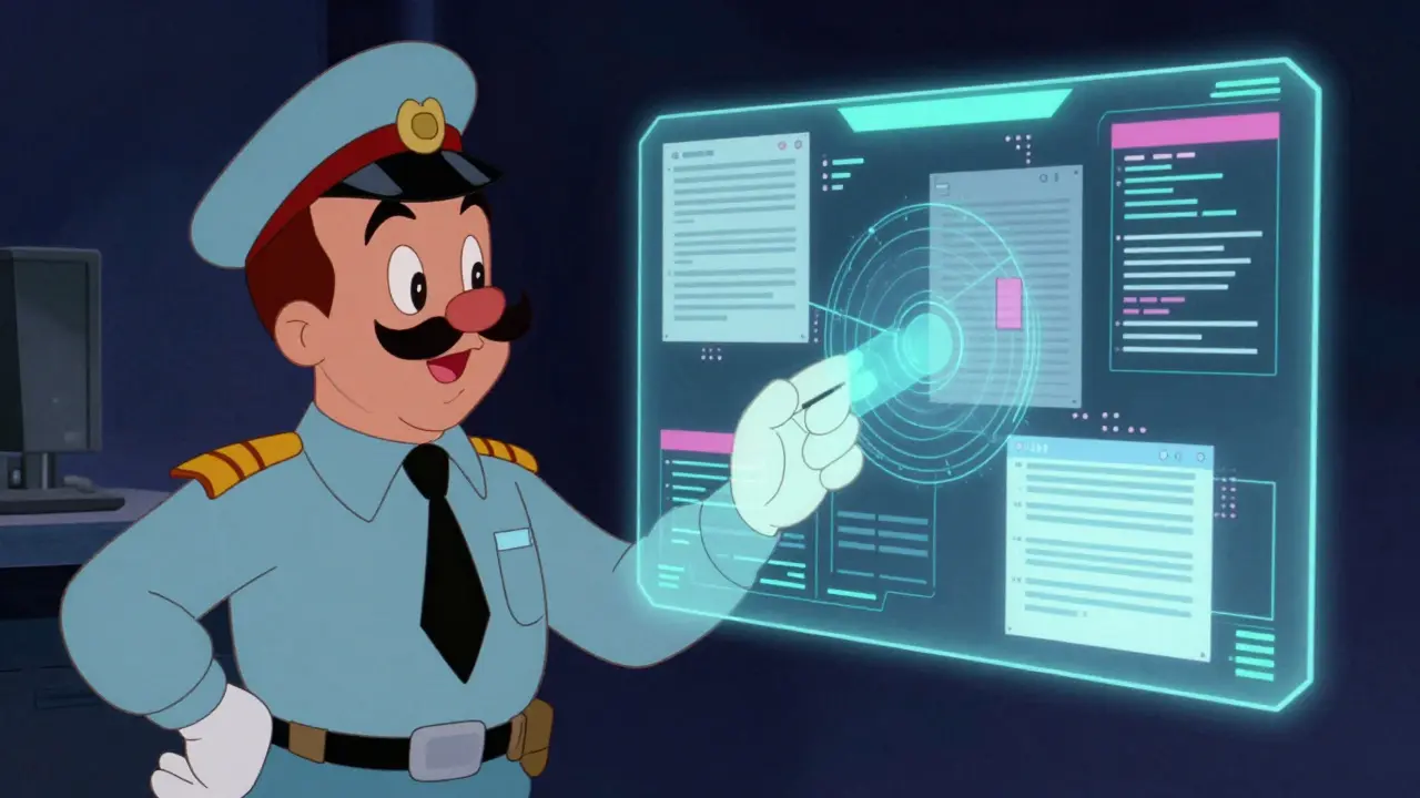 Représentation vintage de l'intelligence artificielle analysant des données de conformité pharmaceutique.