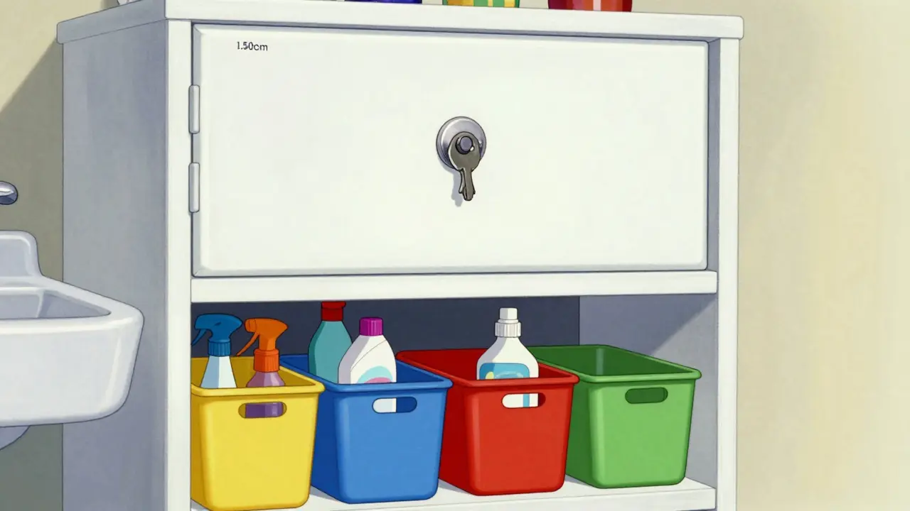 Schéma vintage montrant un coffret à médicaments en hauteur et des produits ménagers en bas.