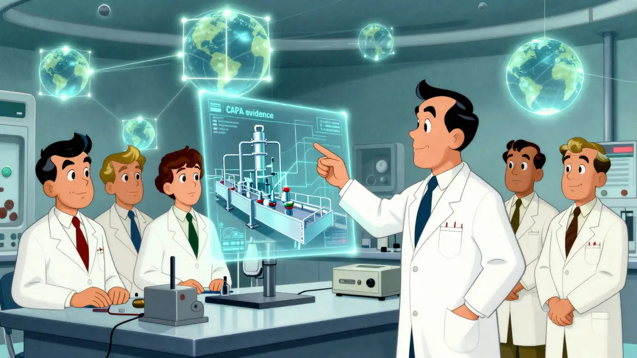 Scientifique présentant des preuves de conformité vidéo à des inspecteurs, style rétro.