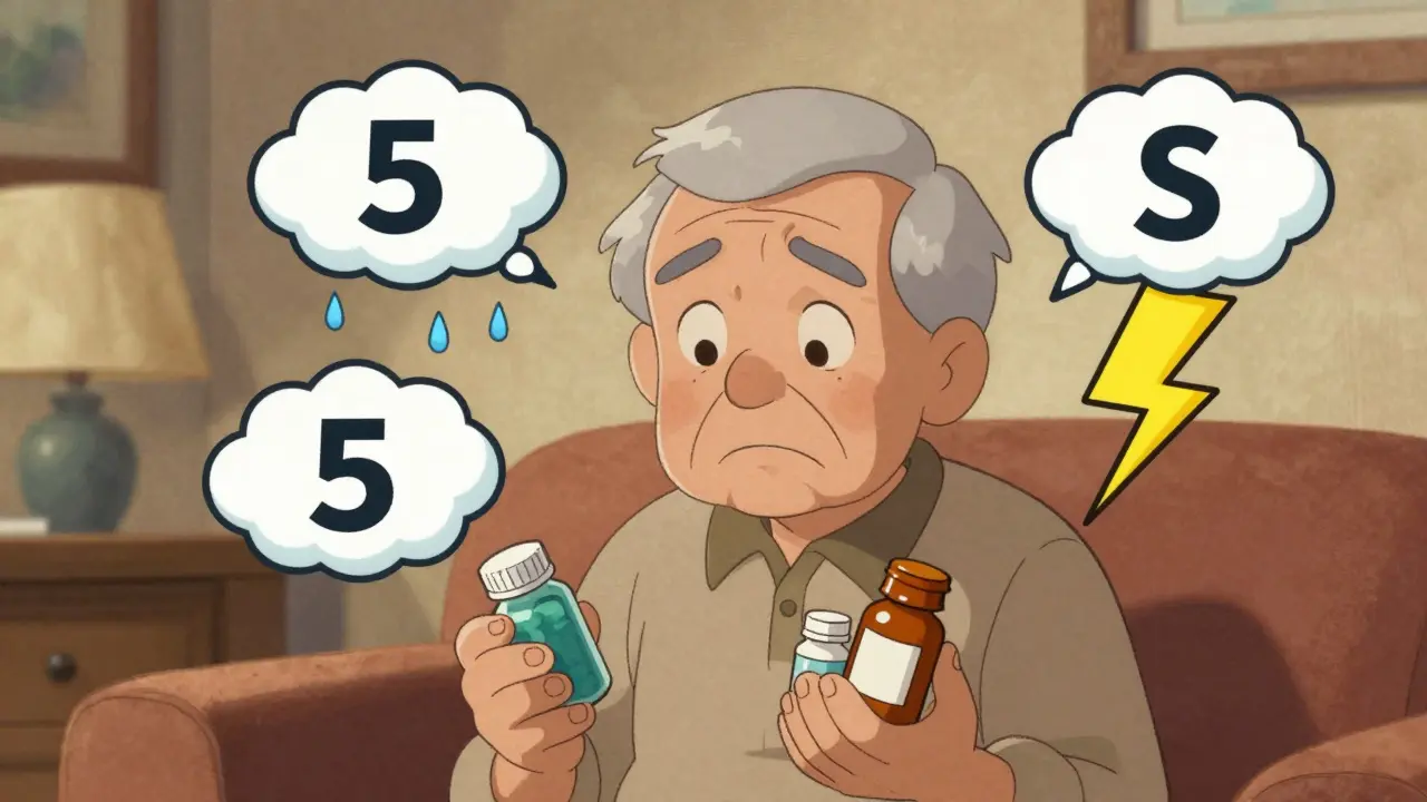 Sénior confus entouré de symboles illustrant les symptômes du syndrome sérotoninergique.