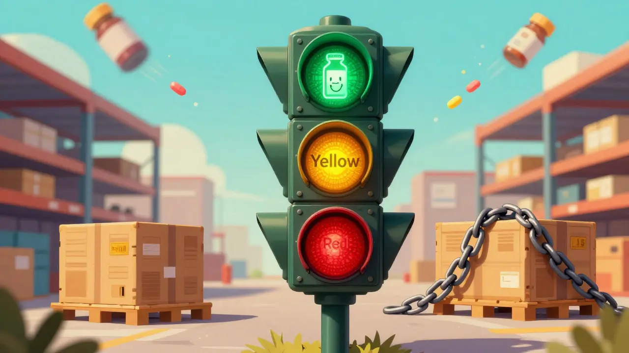 Signal lumineux vert, jaune et rouge symbolisant les statuts d'importation de la FDA.