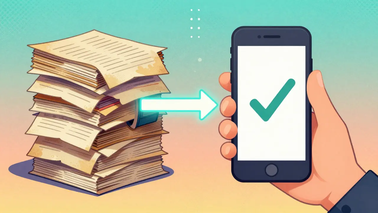Transition illustrée entre des formulaires papier anciens et une validation numérique sur smartphone.