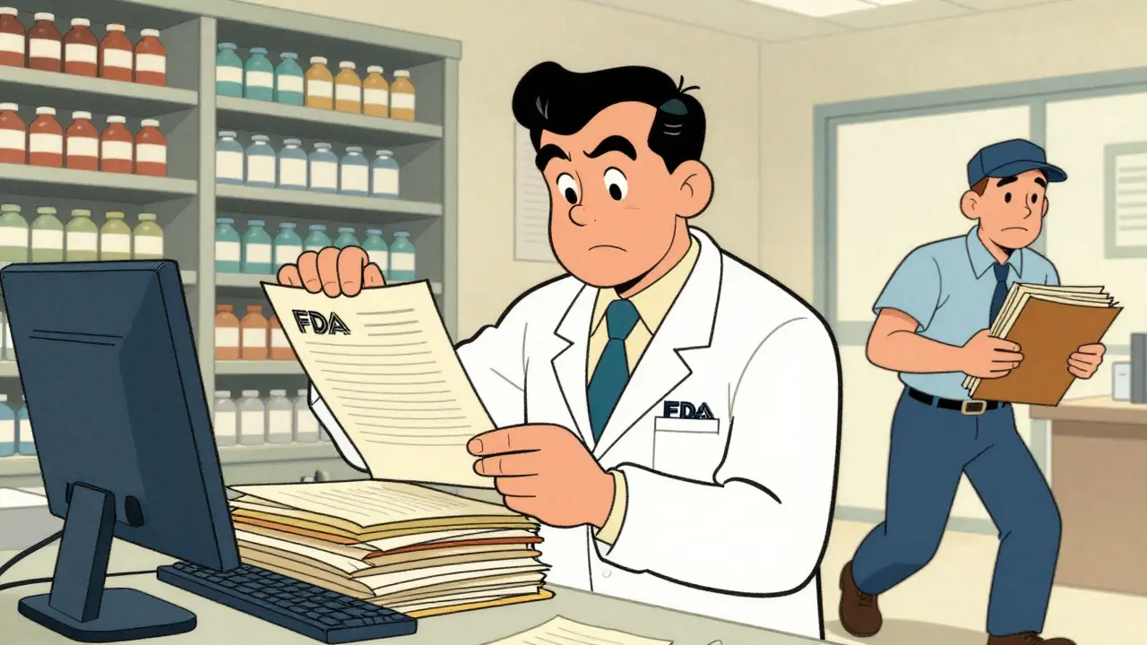 Un inspecteur et un employé examinant des documents d'archives dans un style d'illustration rétro.