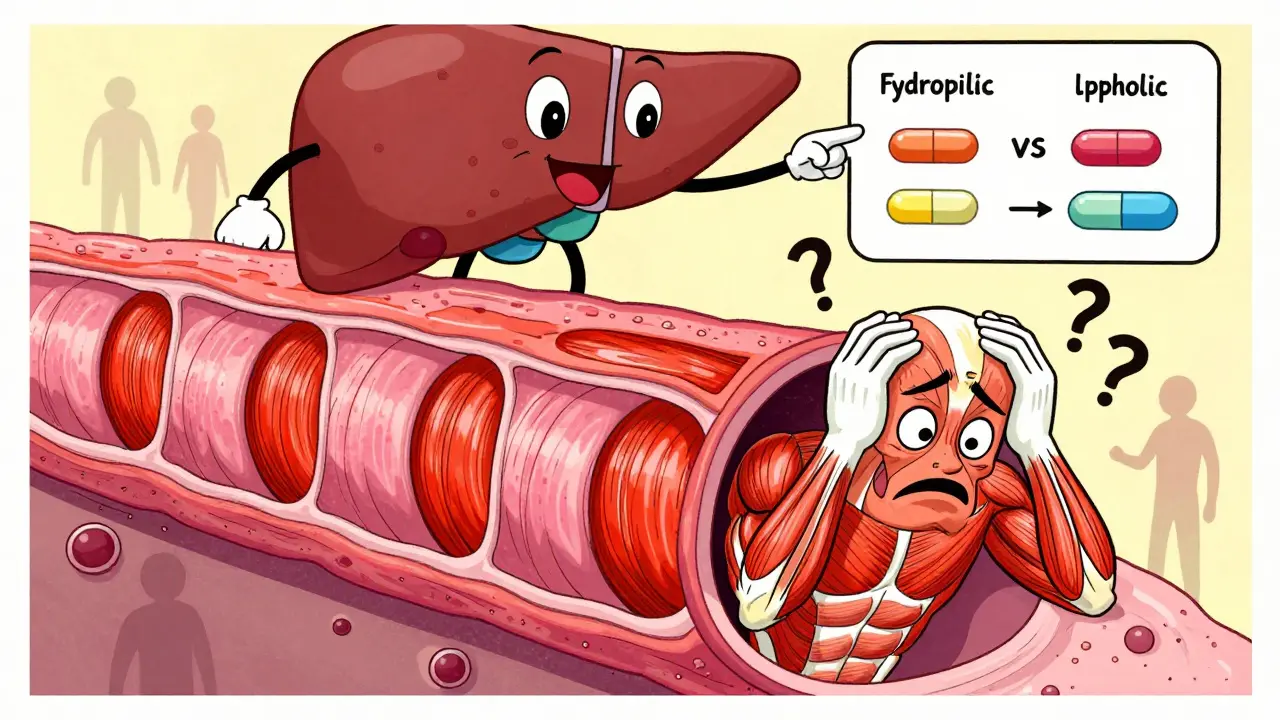 Illustration humoristique montrant les muscles et le foie pour expliquer les effets secondaires des statines.