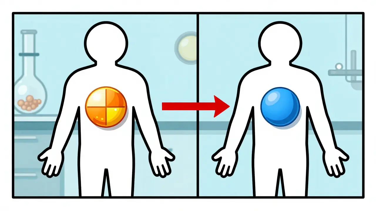 Illustration vintage montrant l'équivalence d'absorption entre pilule marque et générique