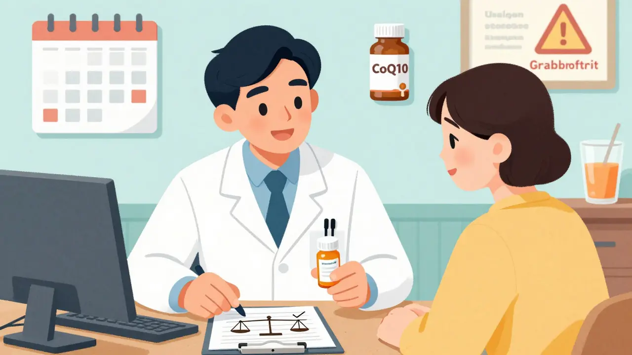 Médecin et patient discutant souriants des solutions pour gérer les douleurs musculaires liées aux statines.
