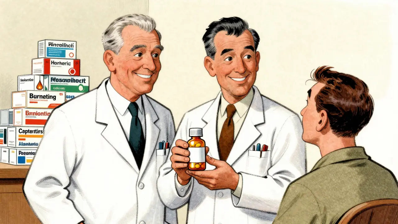 Médecin et pharmacien expliquant les génériques
