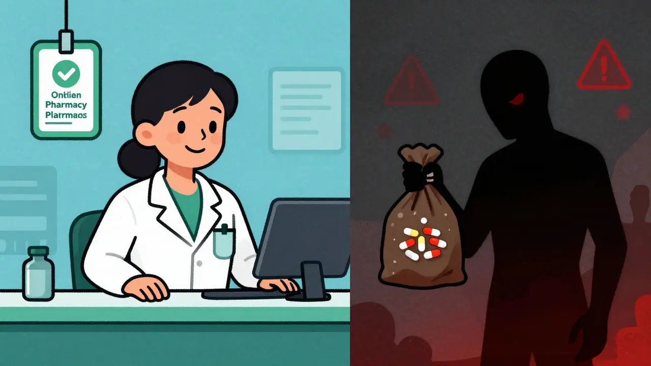 Pharmacien certifié vs vendeur illégal en ligne style cartoon