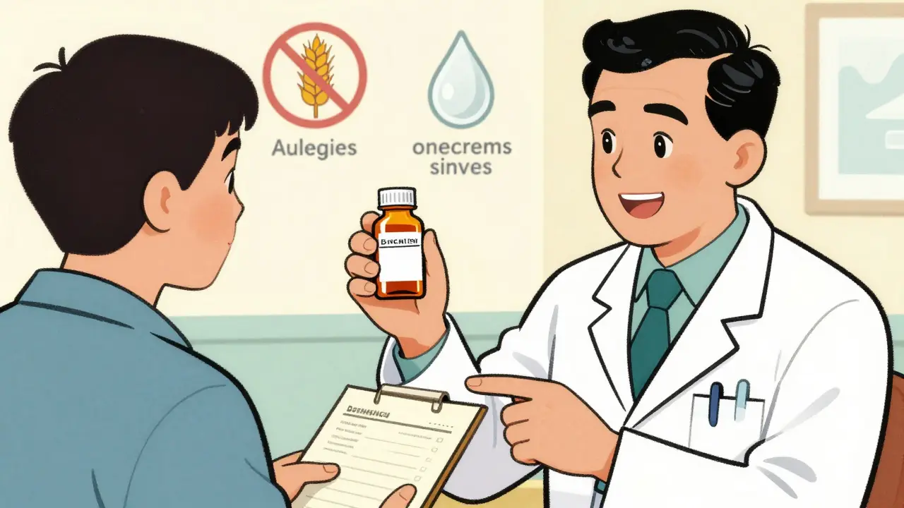 Pharmacien conseillant un patient sur les allergènes et les excipients des génériques