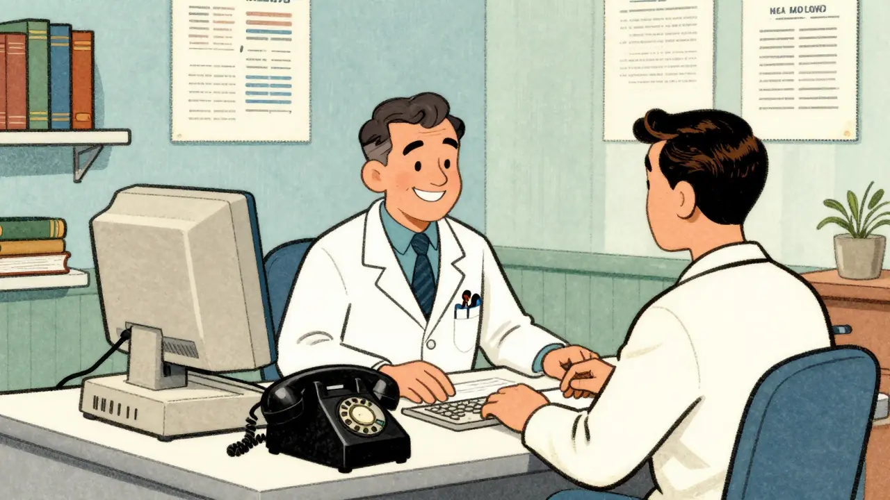 Un médecin souriant consulte un patient via une vidéo d'appel sur son bureau.