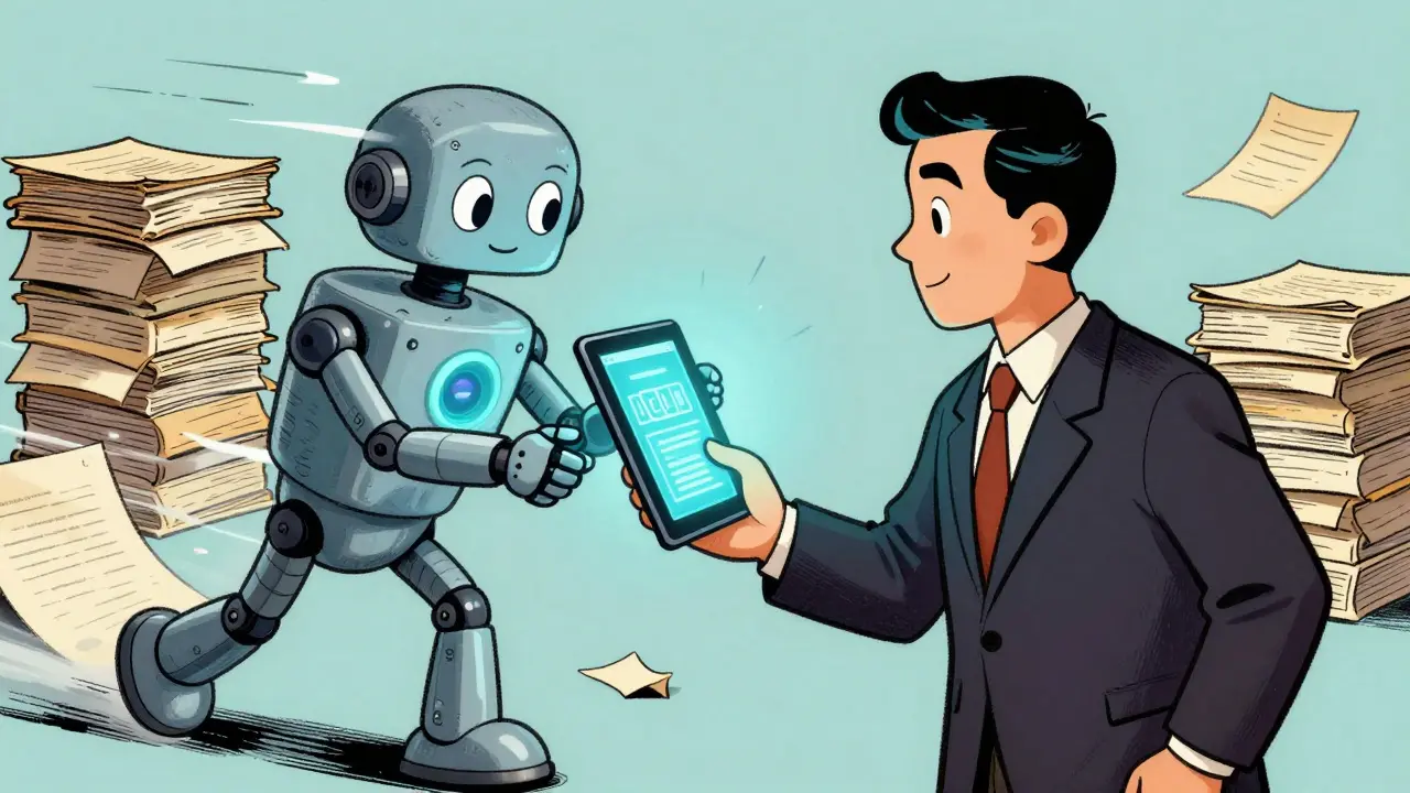 Un robot aidant un avocat avec une tablette numérique et des dossiers