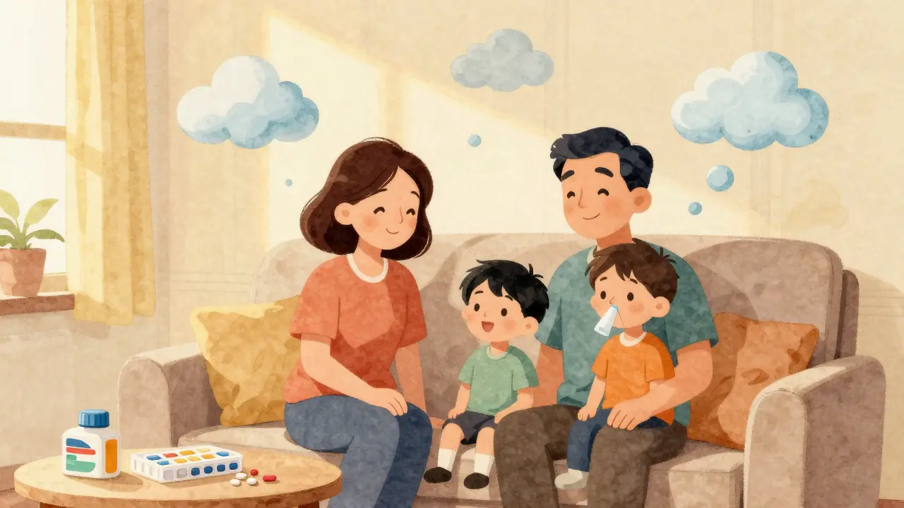 Une famille heureuse respire facilement dans un salon confortable et lumineux.