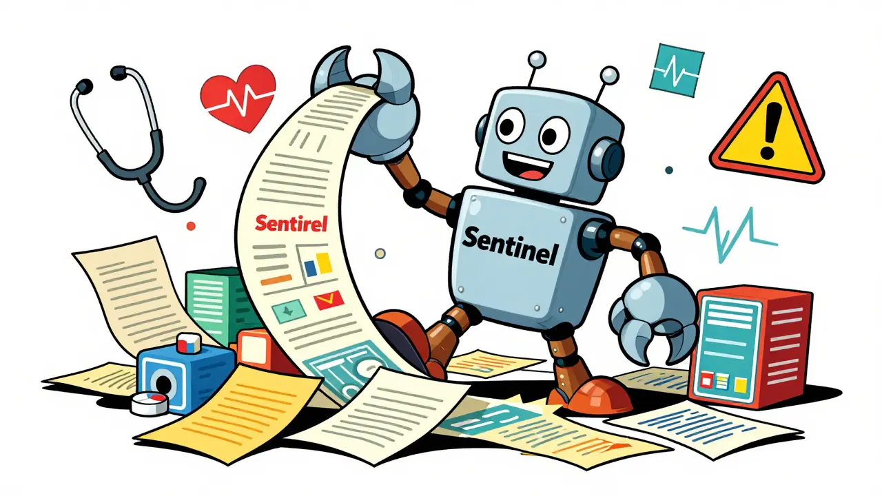 Cartoon robot analyzing medical data streams for drug safety signals