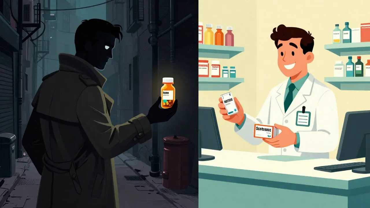 Comparaison entre achat illégal dangereux et pharmacie en ligne certifiée