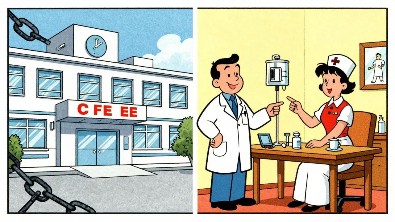 Comparaison entre hôpital et soins à domicile pour les perfusions, style cartoon rétro