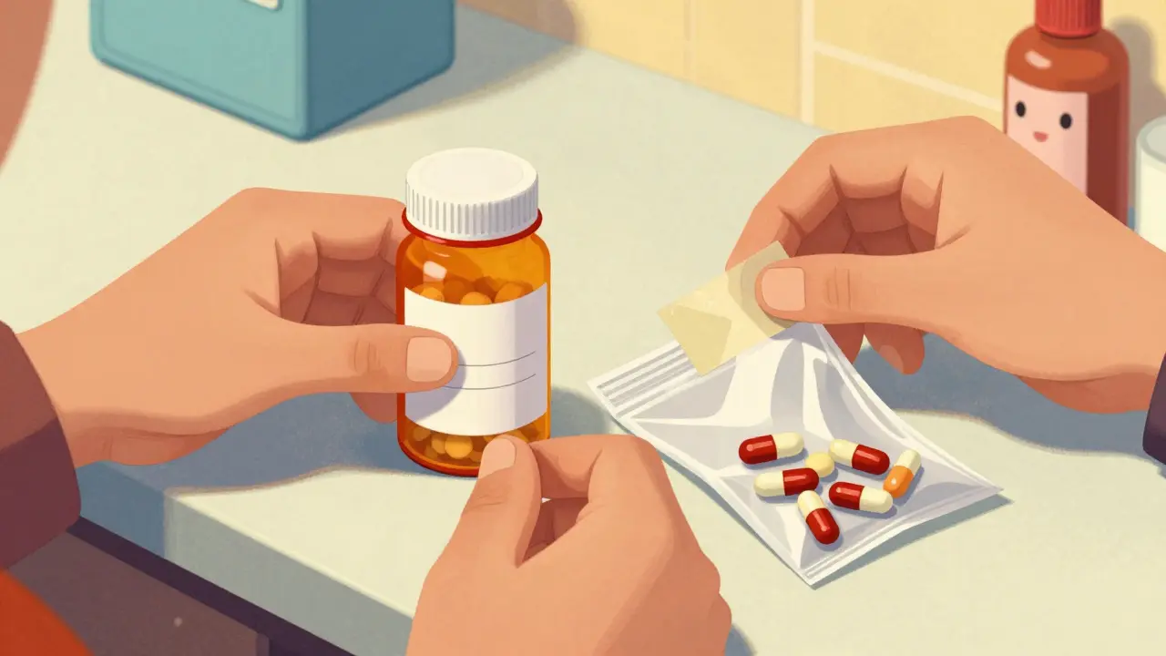 Des mains préparant des médicaments pour le dépôt en cachetant les étiquettes personnelles