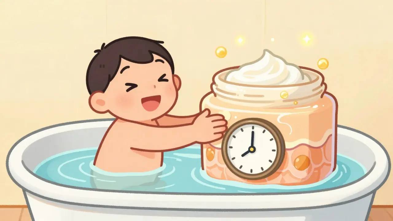 Dessin animé rétro illustrant l'application d'émollients sur la peau humide après le bain.