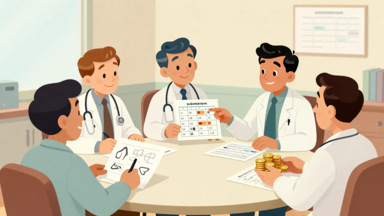 Équipe médicale planifiant la stratégie d'achat et la gestion des stocks