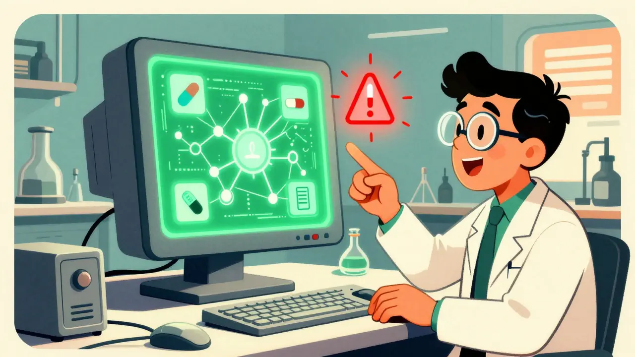Scientist observing AI neural network detecting drug alerts on screen