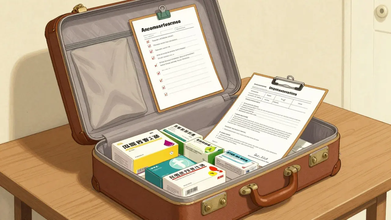 Valise organisée avec médicaments et dossiers médicaux