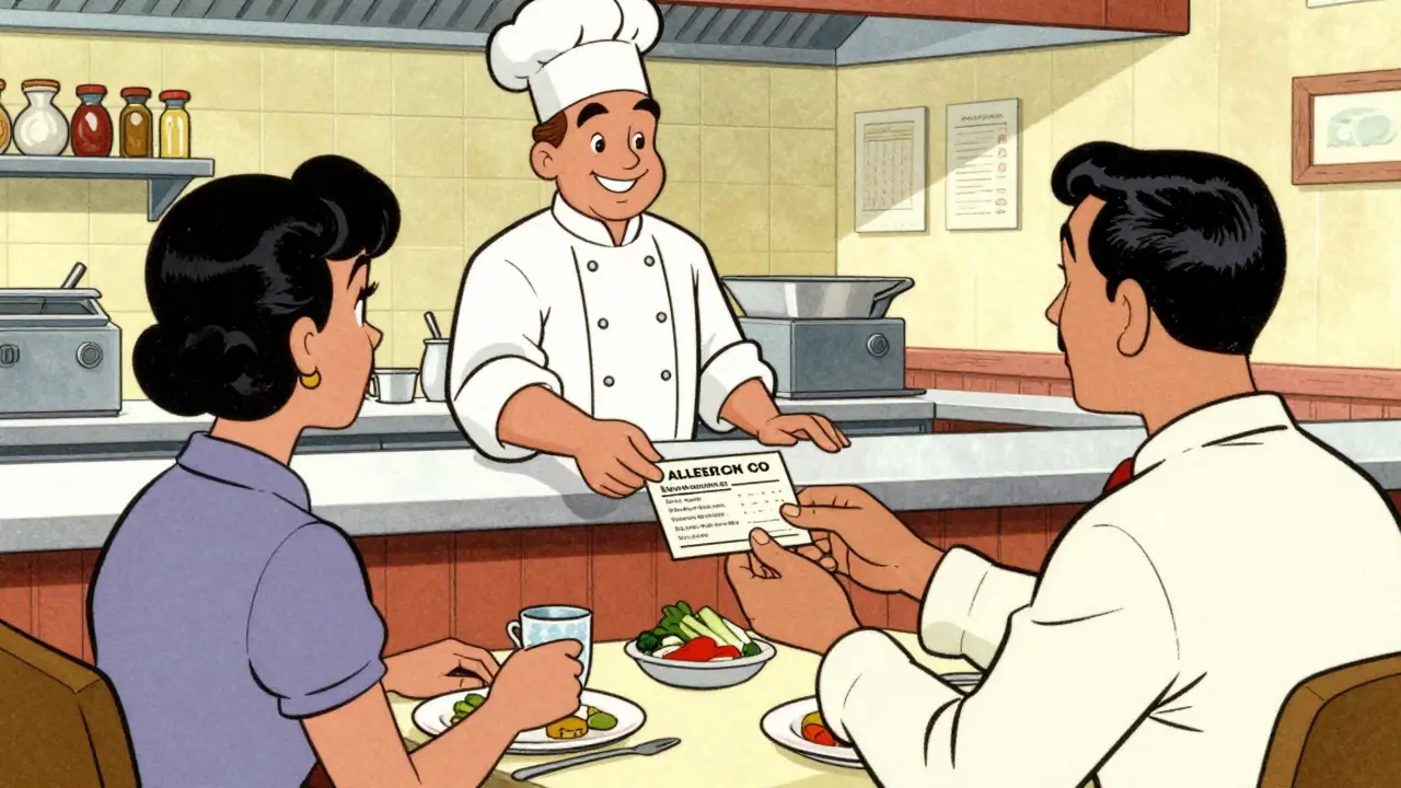 Client donnant carte allergie au chef dans un restaurant sûr, communication efficace