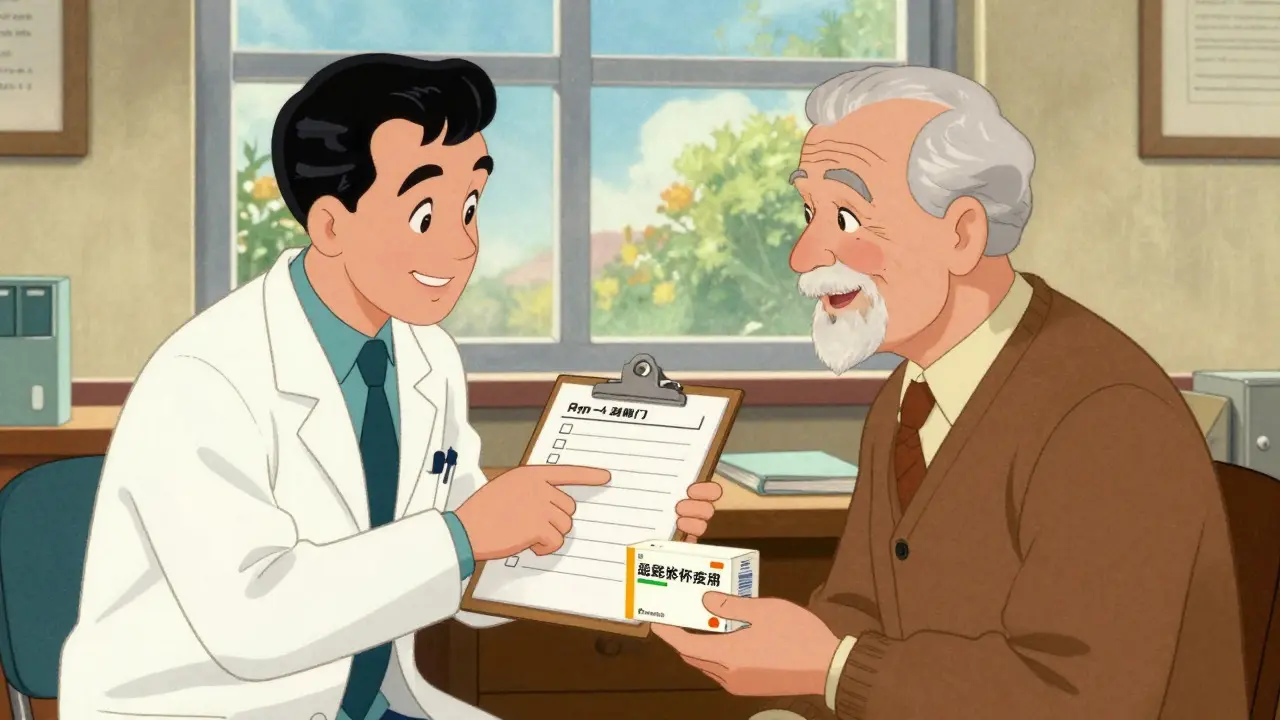 Consultation bienveillante : pharmacien et patient souriant avec médicaments