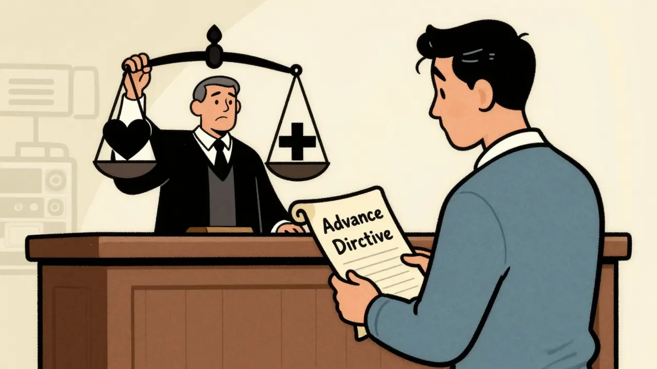 Dessin vintage : famille et juge discutant des directives anticipées pour les décisions médicales.