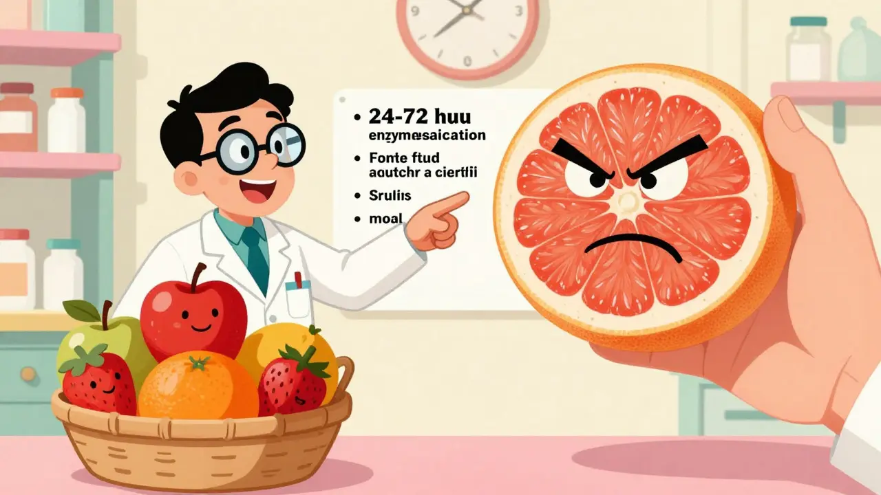 Illustration cartoon : pharmacien conseillant d'éviter le pamplemousse pour la santé