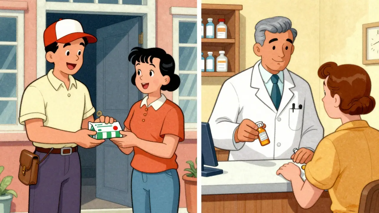 Livraison de médicaments et pharmacie locale illustrées en style dessin animé vintage