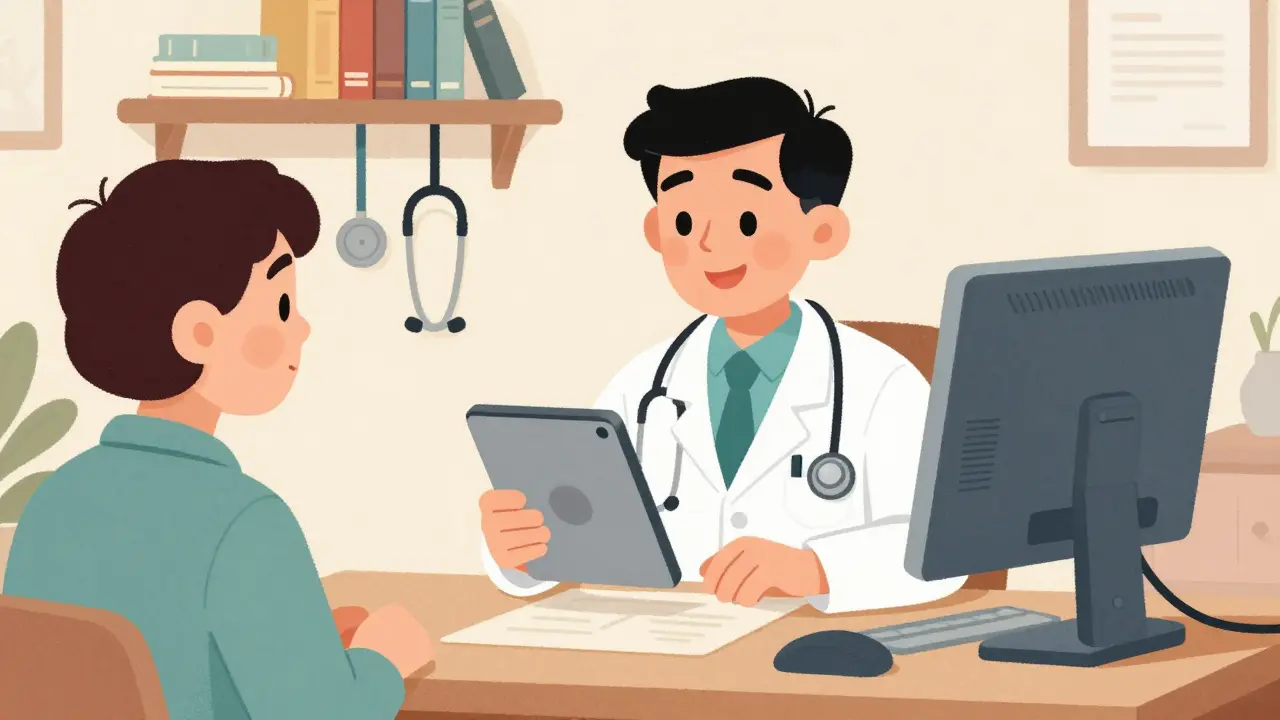 Médecin en téléconsultation vidéo avec un patient, style dessin animé rétro
