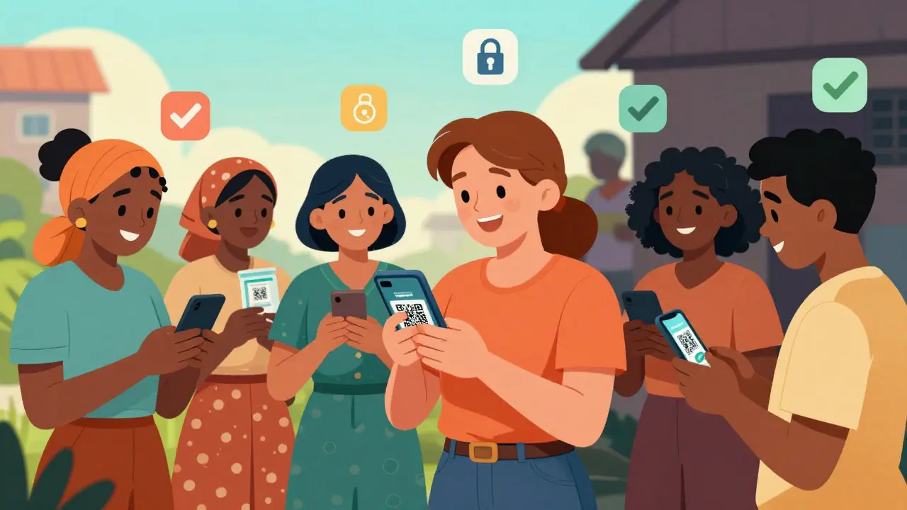 Personnes utilisant des smartphones pour vérifier l'authenticité des médicaments via code QR