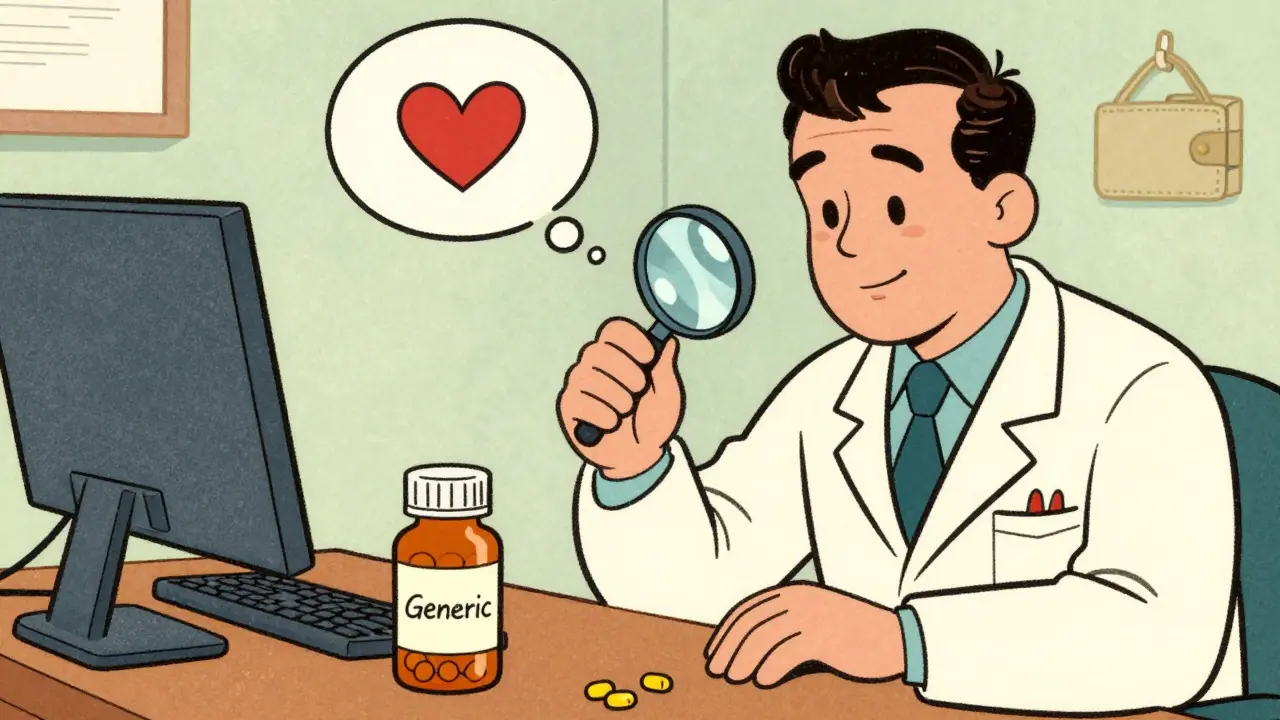Pharmacien comparant générique et marque avec loupe, style vintage