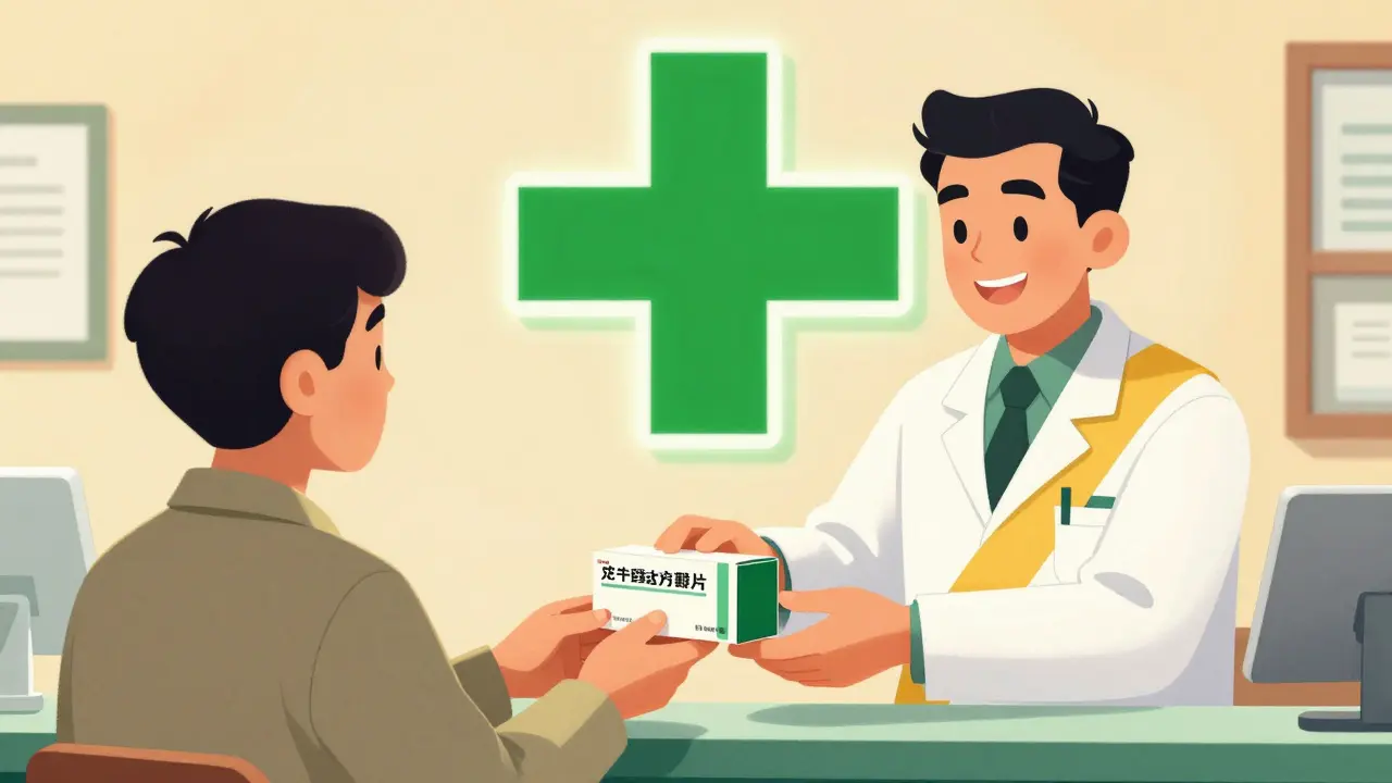 Pharmacien remettant un médicament à un client sous une croix verte officielle