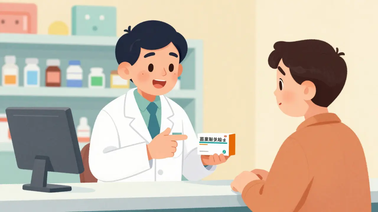 Pharmacien souriant expliquant un médicament à un patient rassuré dans une pharmacie.