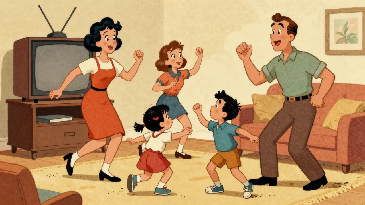 Une famille joue activement dans le salon sans télévision