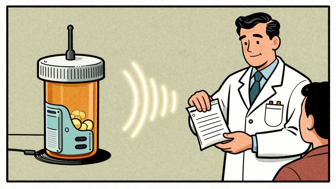 Bouteille de pilules connectée et pharmacien représentant les méthodes de mesure de l'observance