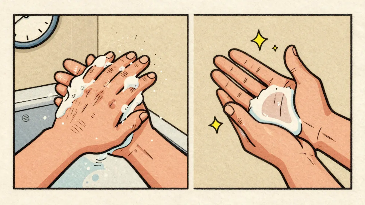 Comparaison en style cartoon entre le lavage à l'eau et l'utilisation d'un gel hydroalcoolique