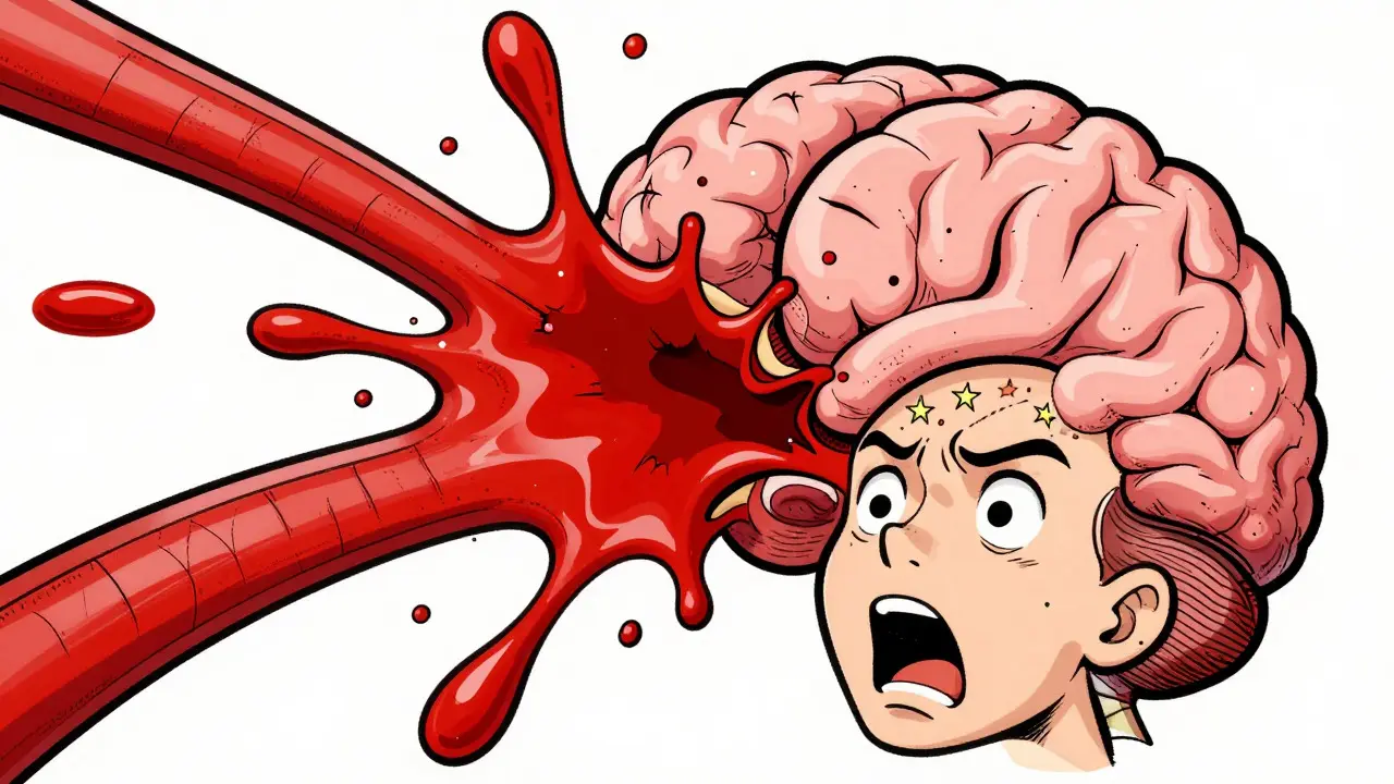Dessin animé rétro montrant la rupture d'un vaisseau sanguin dans le cerveau.